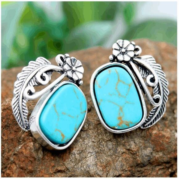 SILVER TURQUOUSE BOHO WESTERN FLOWER LEAF FEATHER STUD EARRINGS - Picture 3 of 5